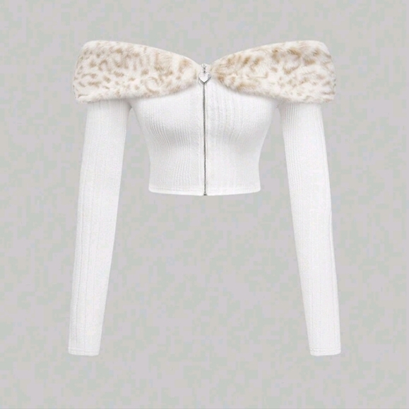 Grunge Punk Y2K Retro Valentine's Day Open Shoulder Leopard Furry Patchwor Top - Picture 1 of 4